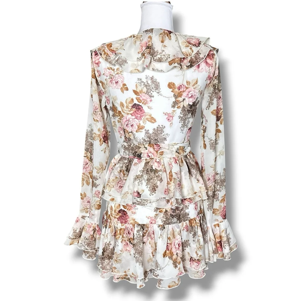 Ronny Kobo Small Palmero Dress Muted Floral Tiered V Neck Ruffles EUC $528